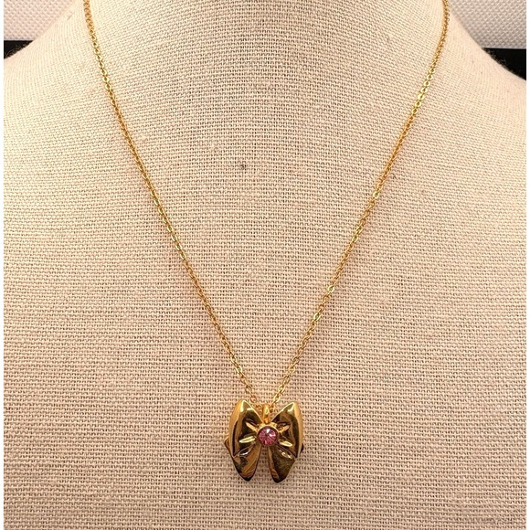 Vintage Avon Pink Crystal Bow Gold Tone Pendant Necklace 15" Dainty Feminine - Picture 2 of 6